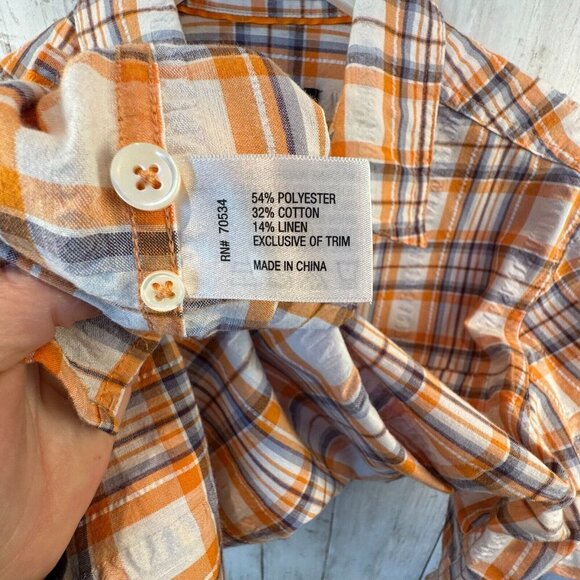 ORVIS Short Sleeve Button Down Shirt Mens Size M Orange White Linen Blend Plaid - Picture 5 of 9